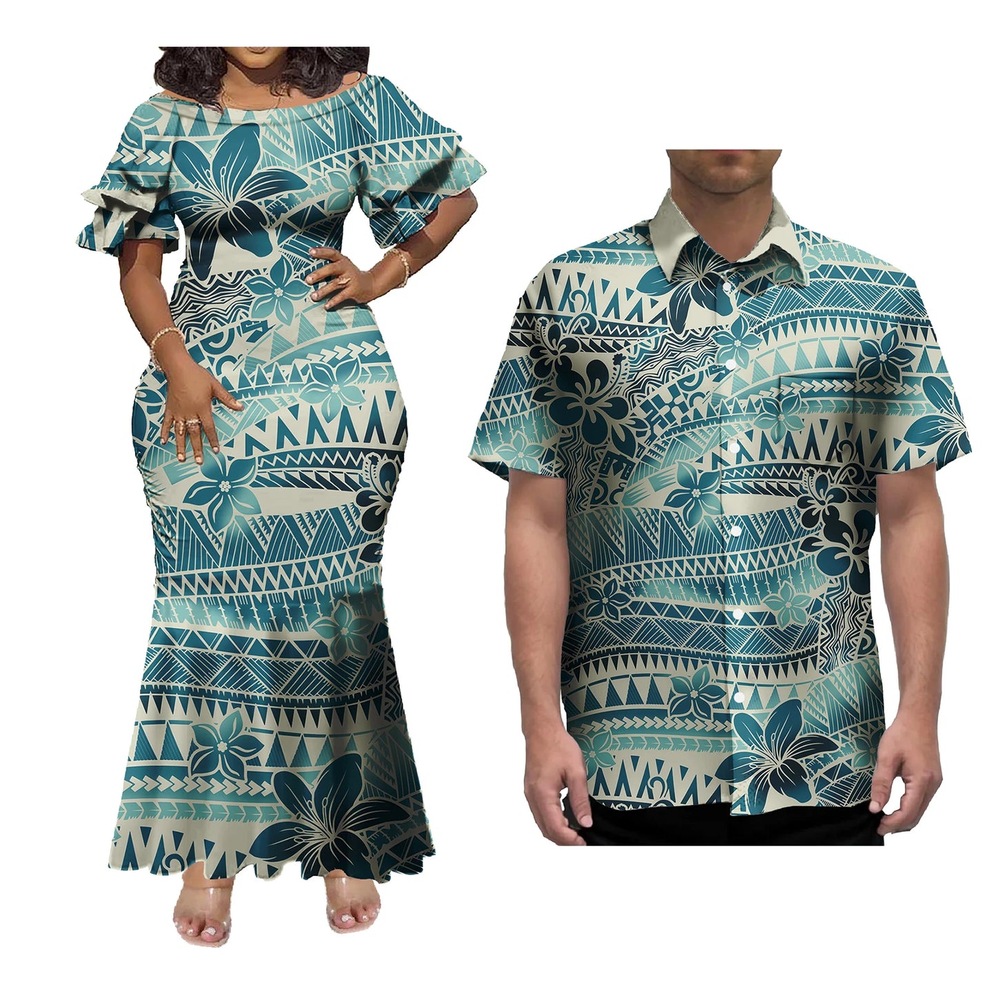 Mermaid Dress And Buttons Shirt Polynesian Couple 2 Pcs Set Plus Size Party Samoan Puletasi Matching Couple Outfits