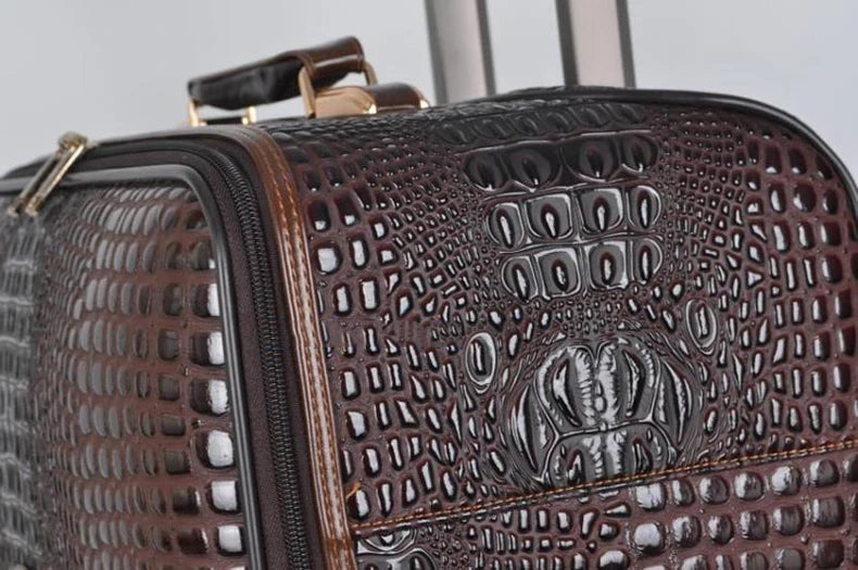 Crocodile pattern leather rolling luggage 16/20/24 inch boarding trolley suitcase real leather men's and women's travel luggage