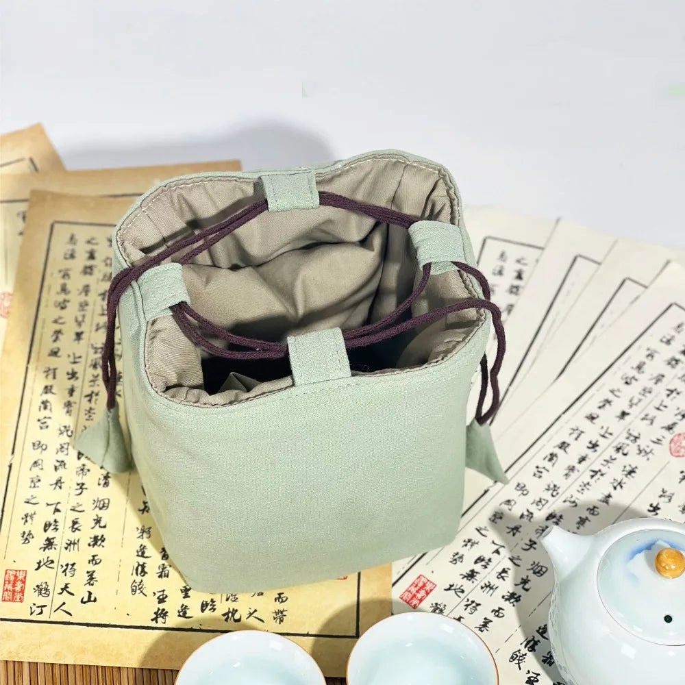 Chinese Style Tea Set Organizer Bag Embroidered Breakage-proof Teacup Drawstring Cloth Pouch Tea Ceremony Accessories