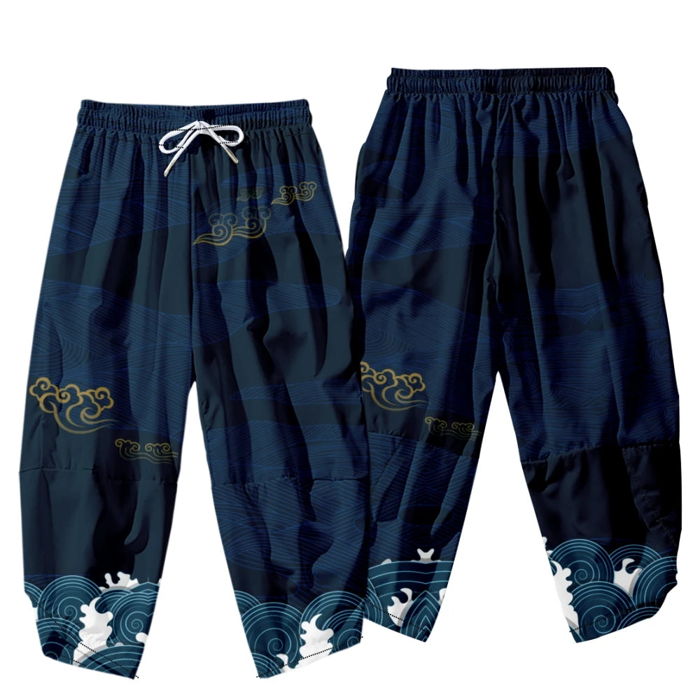 Men Yukata Style Harajuku Cardigan Traditional Japanese Great Wave of Kanagawa Crane Printed Trousers Asian Costume Kimono Pants