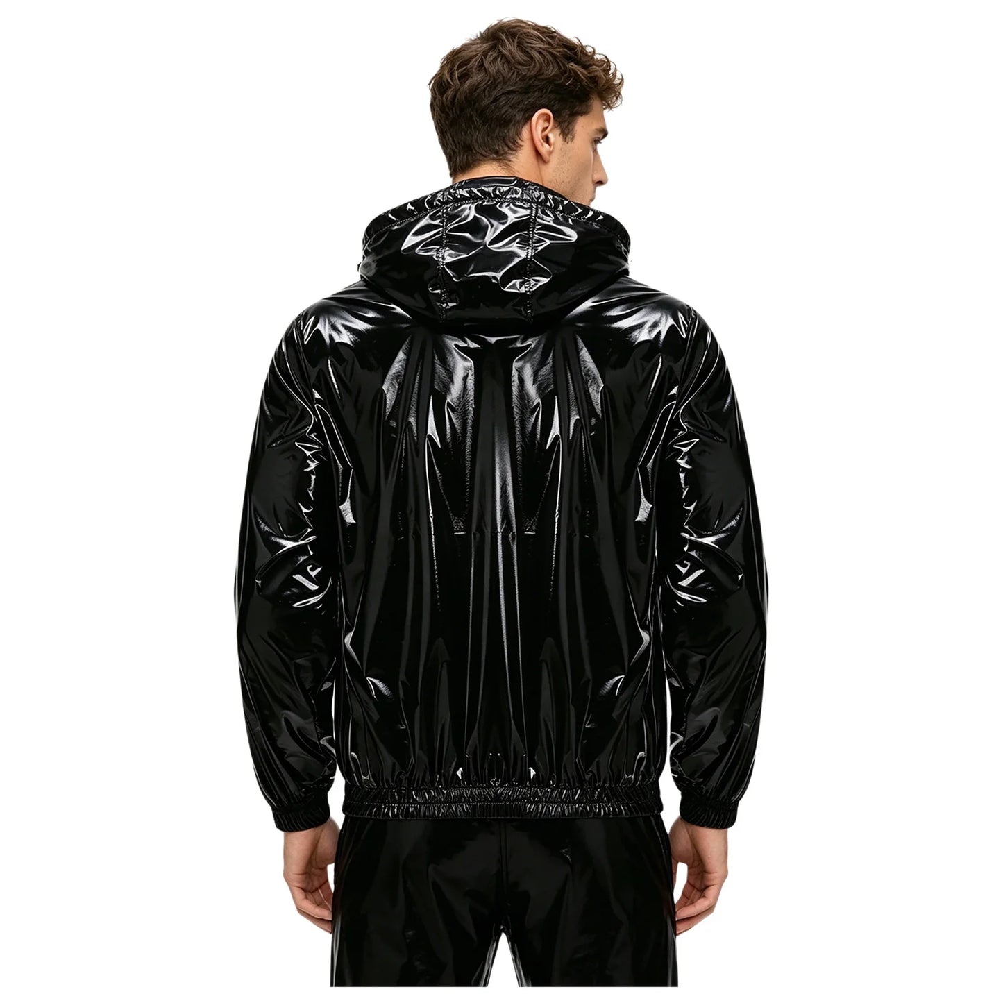 Men Shiny Glossy Hooded Jacket Windbreaker Raincoat for Hiking Fishing Biking Long Sleeve Front Zip-up Drawstring Hood Outerwear