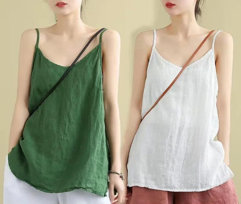 Women's Summer Top Cotton Linen Spaghetti Strap Top Women Halter V Neck Basic Yellow Sleeveless Tank Tops Loose Casual Camis