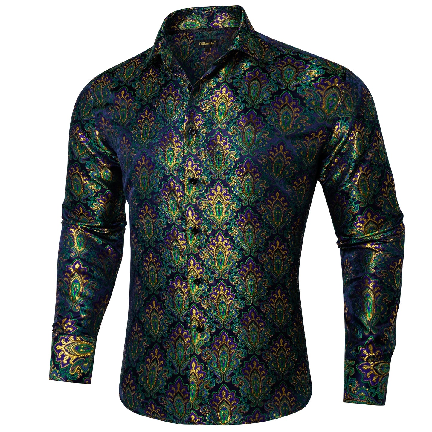 Luxury Purple Paisley Polyester Shirts for Men Long Sleeve Wedding Prom Men Clothing Button Down Collar Social Dress Shirt