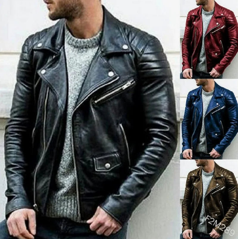 Men PU Leather Coat Teen Stand Collar Punk Male Motorcycle Leather Jackets Faux Leather Zipper  Handsome Coats Jackets
