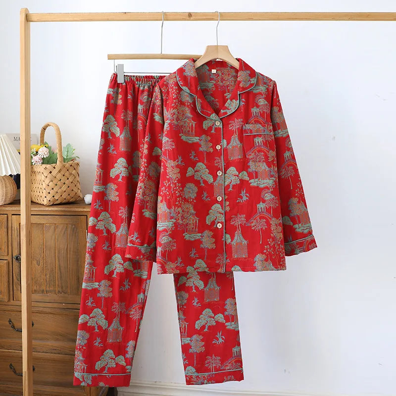 Cotton Jacquard Women's Pajamas Set for Spring and Autumn Retro Color Woven Home Clothes Long Sleeved Pyjamas Women