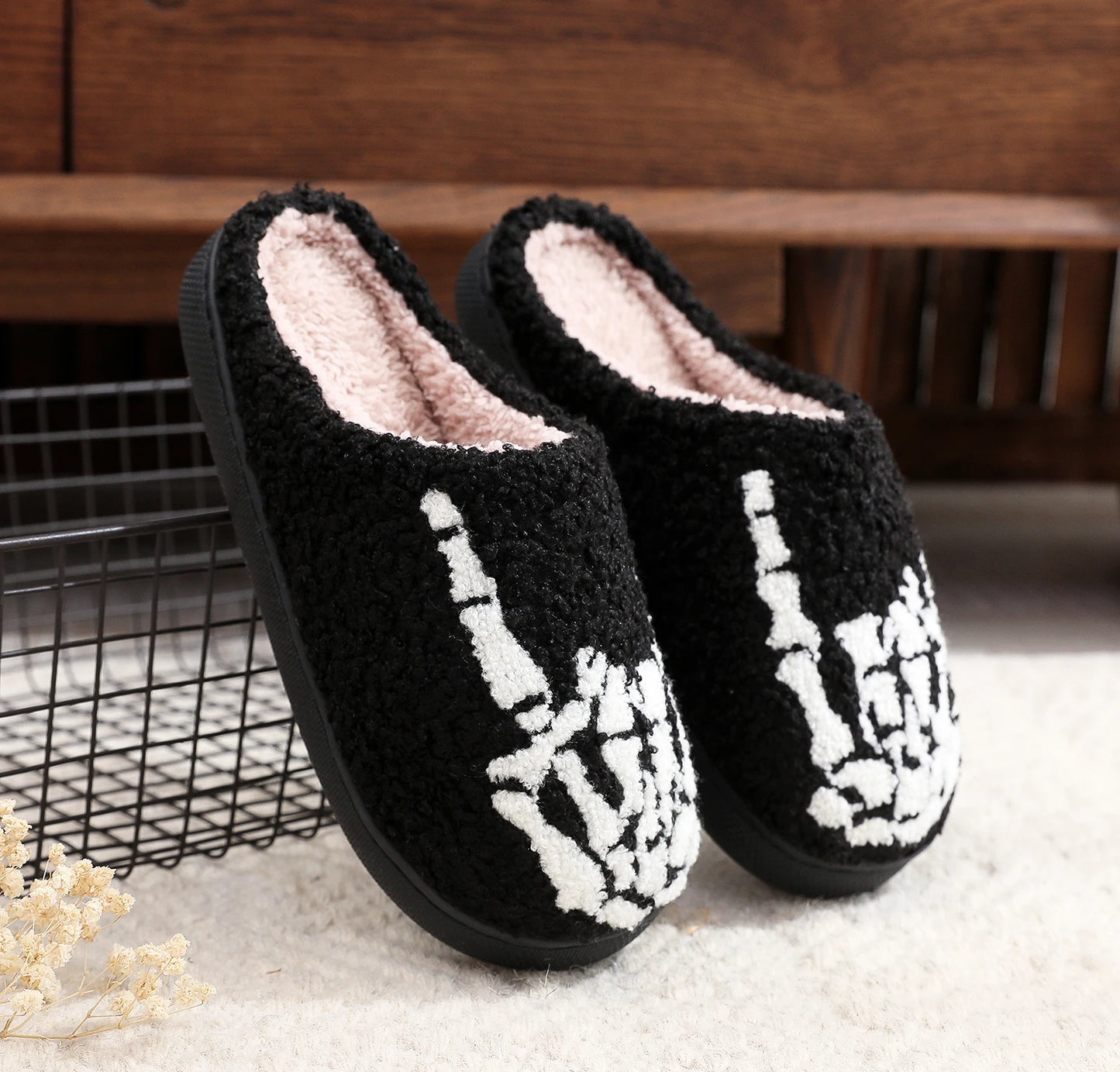 Skull Toe Pattern Personality Dark Style Embroidery stuffed Home Platform Cozy Fur Cotton Slippers Warm Non-slip Indoor Slippers Men Women Halloween Gift