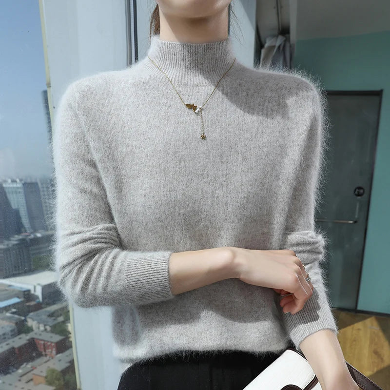 2024 Autumn And Winter New Women's Semi High Neck New Fashion Mink Sweater Long Sleeved Loose Sweater Slimming Knit Sweater Base
