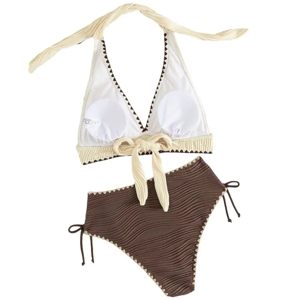 Fashion Contrast Color Bikini Set with Chest Pad High Waist Two Piece Swimsuit Sleeveless Beachwear Holiday