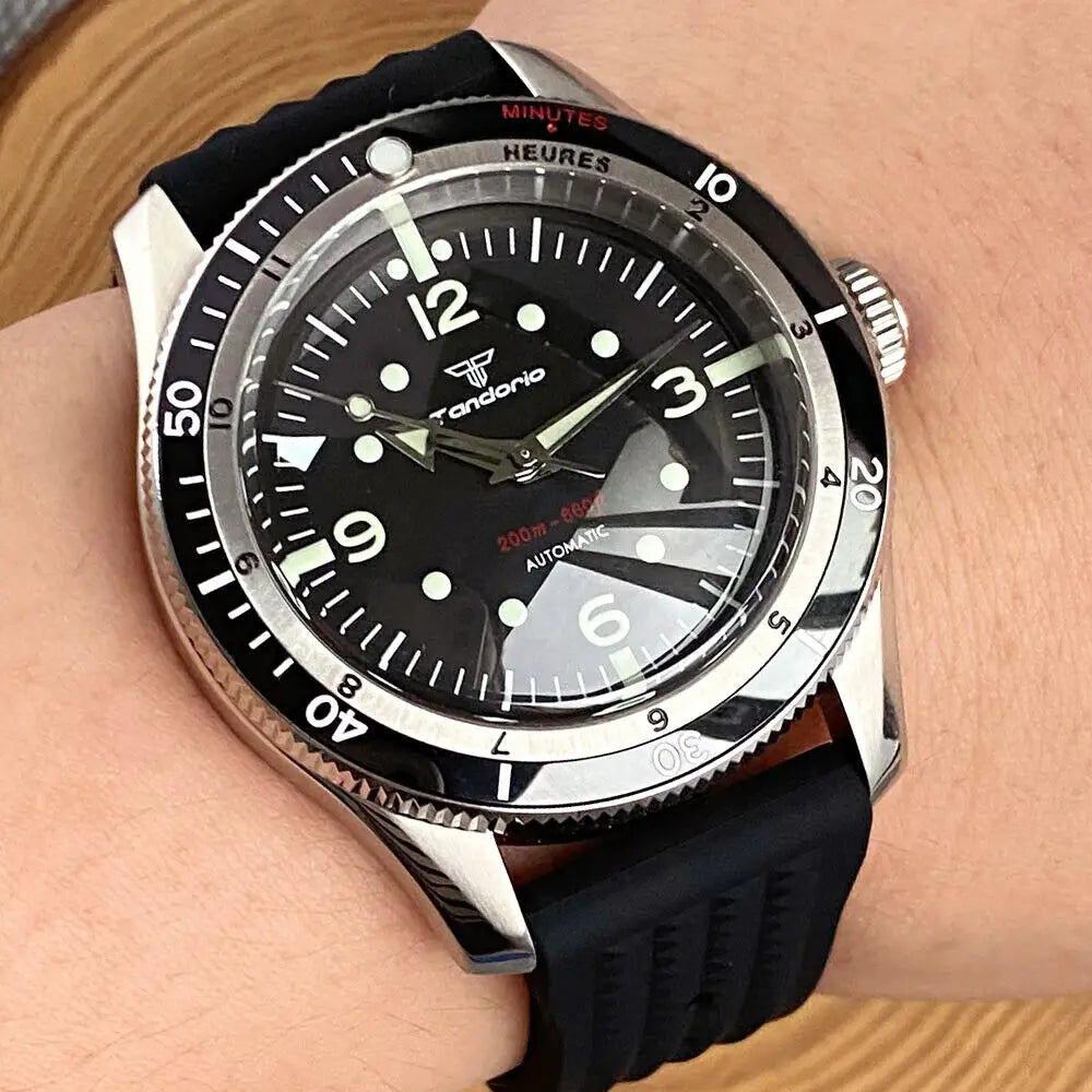 Tandorio Diver 40mm Black Dial Watch Men NH35 PT5000 Watch Automatic Bow Glass Watches for mens