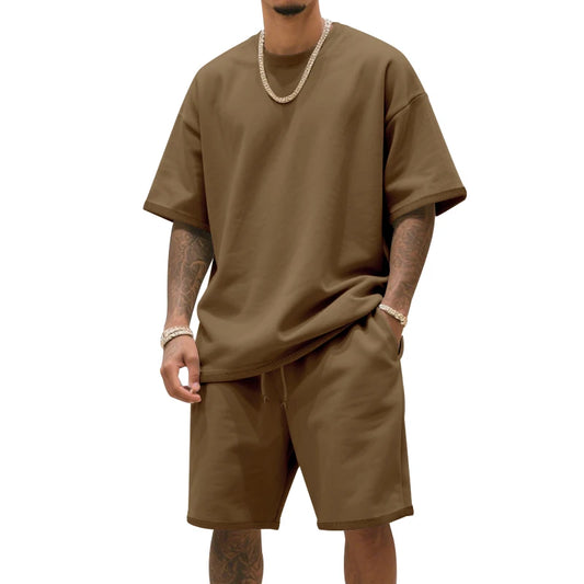 Men's two-piece clothing set, loose round-neck T-shirt and shorts set, casual sportswear, perfect for summer