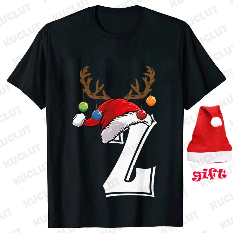 Funny Christmas Party Tshirt Fashion Women T Shirt Tops Short Sleeves T-shirt 26 A~Z Alphabet Casual Tees with Santa Hat Gift