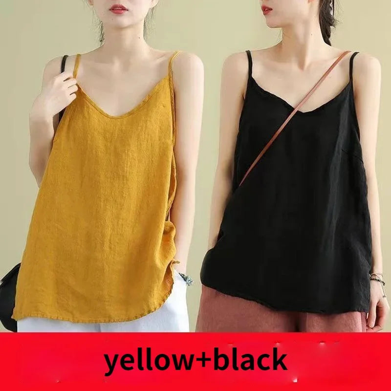 Women's Summer Top Cotton Linen Spaghetti Strap Top Women Halter V Neck Basic Yellow Sleeveless Tank Tops Loose Casual Camis