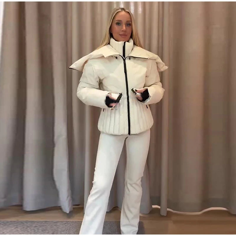 Women  Fur Collar Hooded Skiwear Fashion Solid Thicken Zipper High Waist Slim Outdoor Overalls Jumpsuit  Lady Winter Outwear