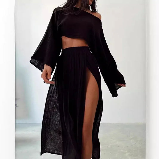 2025 Casual Linen Blend Short Top High Waist Chic Slit Cotton Linen Casual Two-piece Set Set