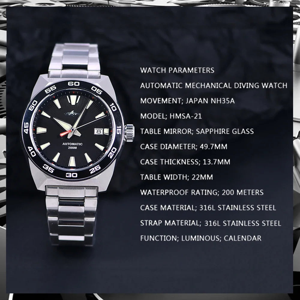 Heimdallr Monster Diver Watches NH35 Automatic Mechanical Frost Blue Dial Sapphire Crystal 200m Waterproof Luminous Men Watches
