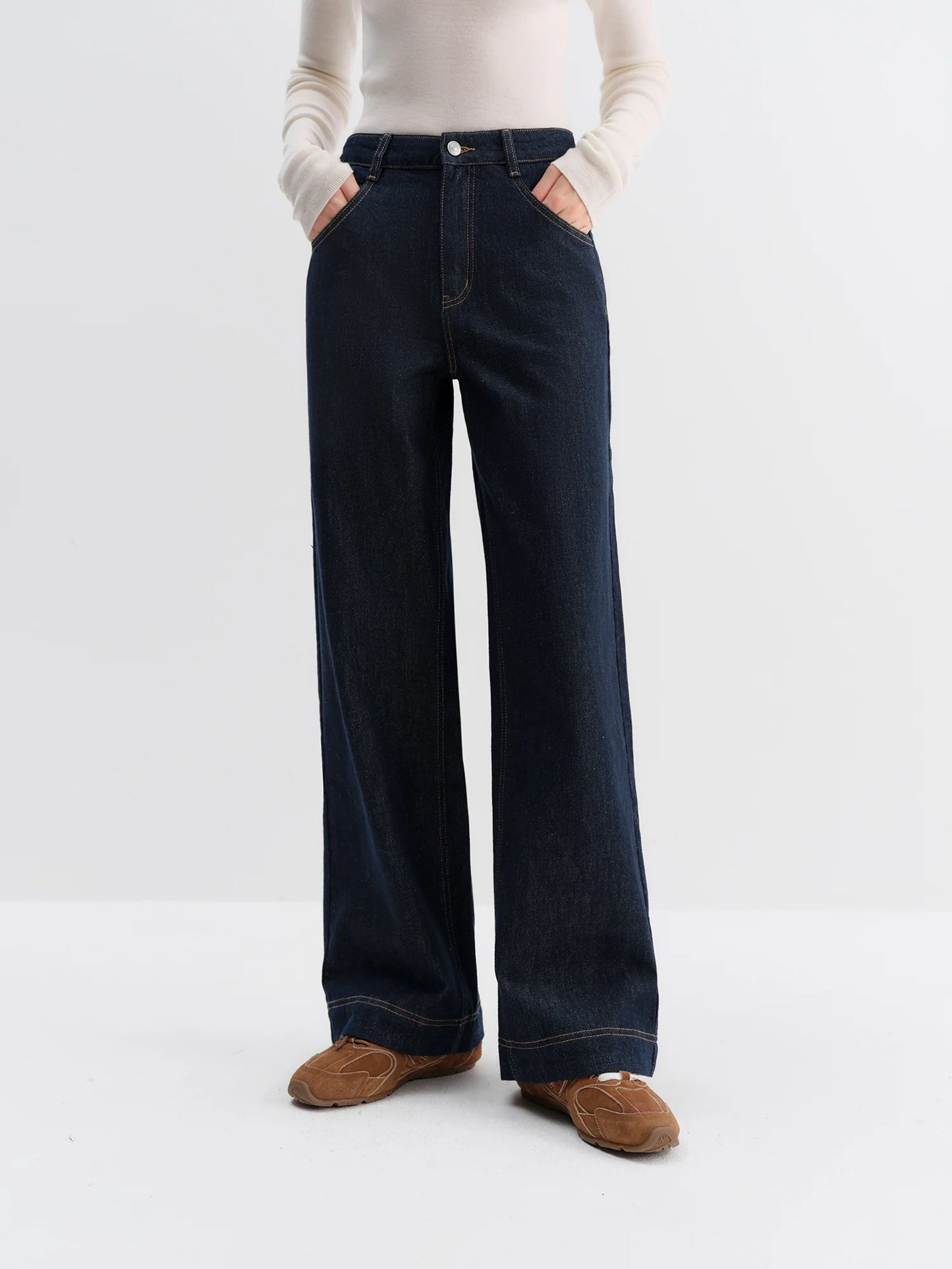 FSLE Straight High Waist Jeans for Women Winter Solid Simple All-match 2025 New Long and Short Versatile Pants Korean Style