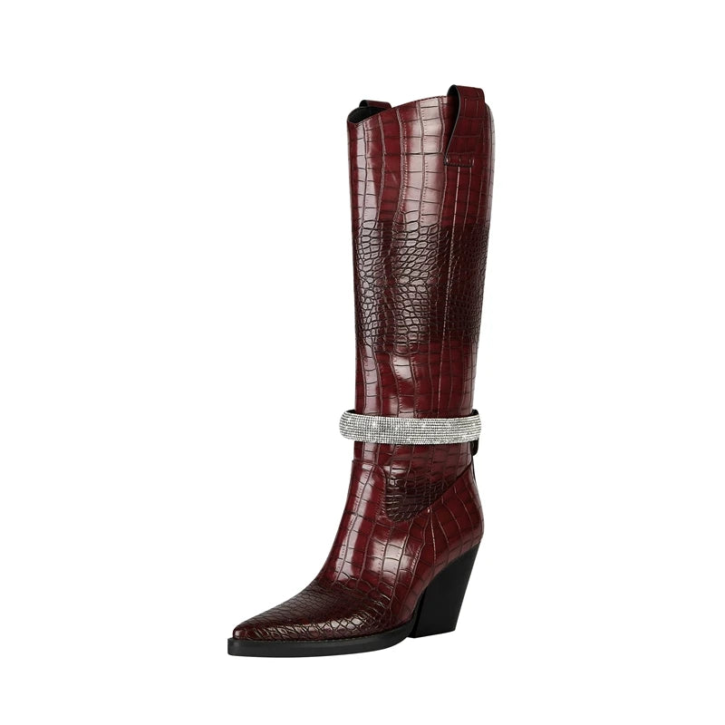 Kaky's New Water Diamond Pointed Thick High Heels Oversized Women's Boots Long Boots High Barrel Boots Western Boots 44 45 46