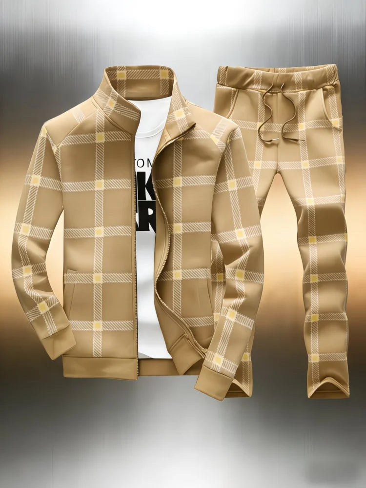Men's Plaid Tracksuit 2 Piece Set Office Man Stand Collar Full Zip Jacket + Jogger Pants Casual Sportswear Outfit Male Clothings