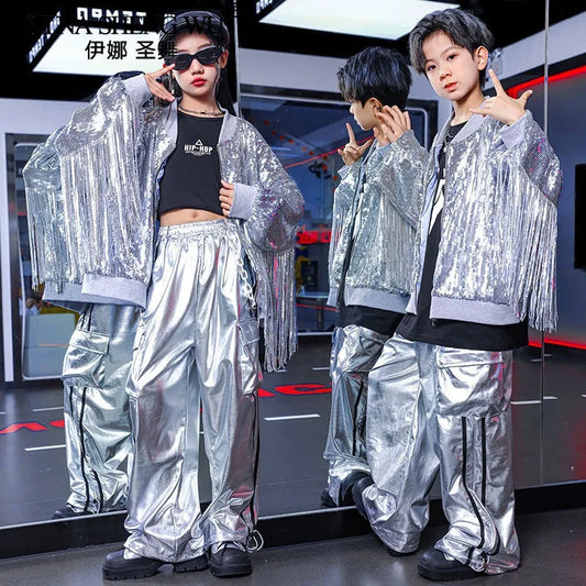 Kids Hip Hop Clothes Set Boys Girls Baseball Jacket Pants With Sequin Tassels Casual Party Wear Costume Jazz Stage Show Outfits