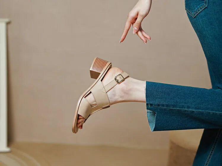 2025 Summer Women Shoes Square Toe Chunky Heel Women Sandals High Heels Ladies Shoes Casual Leather Shoes Women Genuine Leather