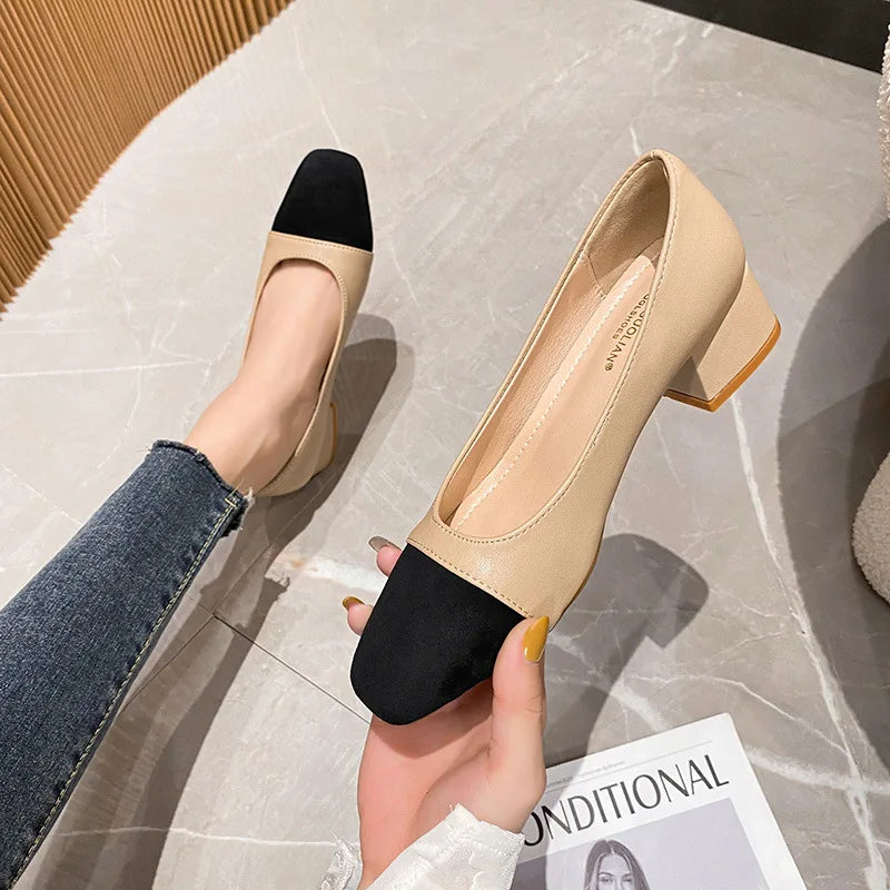 Woman Elegant Square Toe 3cm High High Heels Cute Beige Shallow Mouth Heel Female Shoes Barefoot Color Blocking Birken Shoes