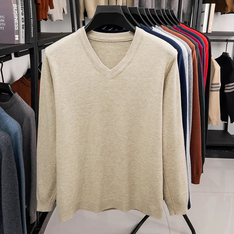 2026 Men's V-Neck Basic Solid Color Sweatshirt Warm Autumn Knitted Oversize Pullover Elastic round Neck Sweater for Casual Wear BAZAARHUBO