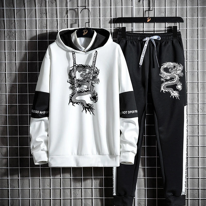 Men's Clothing Fashion Chinese Style Dragon Print Sports Wear Jogging Suits Hooded Tracksuit Set Hoodies+Sweatpants Sweat Suits