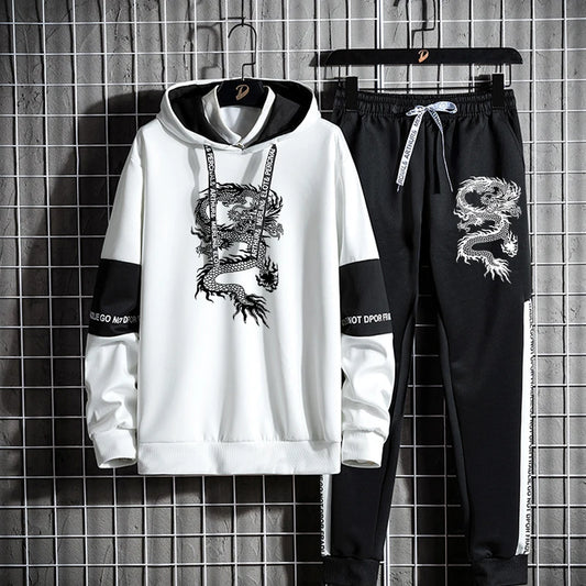 Men's Clothing Fashion Chinese Style Dragon Print Sports Wear Jogging Suits Hooded Tracksuit Set Hoodies+Sweatpants Sweat Suits