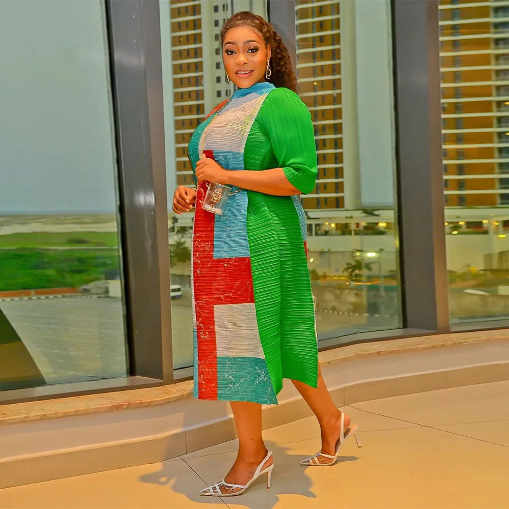 African Dresses for Women Summer Fashion Style African 3/4 Sleeve Polyester O-neck Pleated Dress Dashiki African Clothes Women