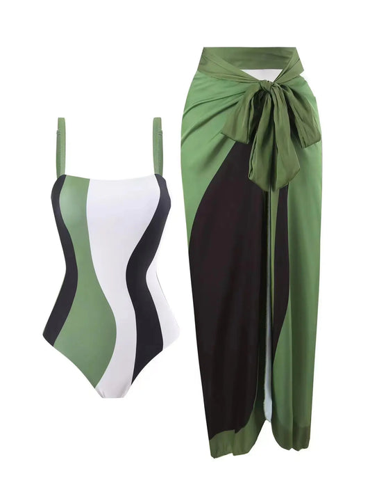 Summer New One-Piece Bikini Swimsuit, Women's Conservative Sunscreen One-Piece Gauze Skirt 2-Piece Set, Beach Vacation Hot Spring