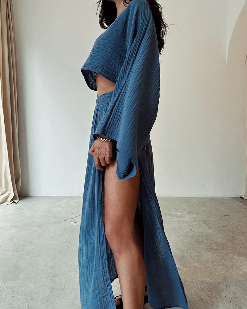 Casual Holiday Style Simple Solid Color Skirt Set Linen Blended Short Top High Waist Chic Split Cotton Linen Two-piece Set