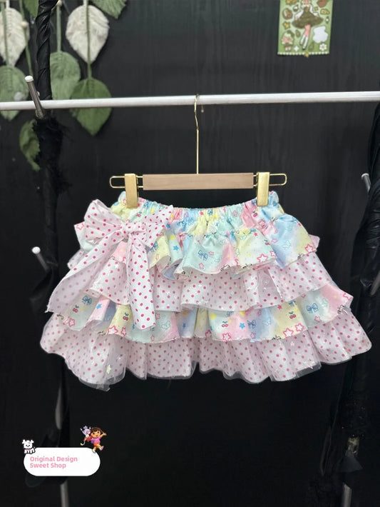 Original Handmade Three-Color Print Pink Polka Dot Y2K  Knot Puffy Skirt Cake Skirt Sweet Style Loose Fit Daily Wear