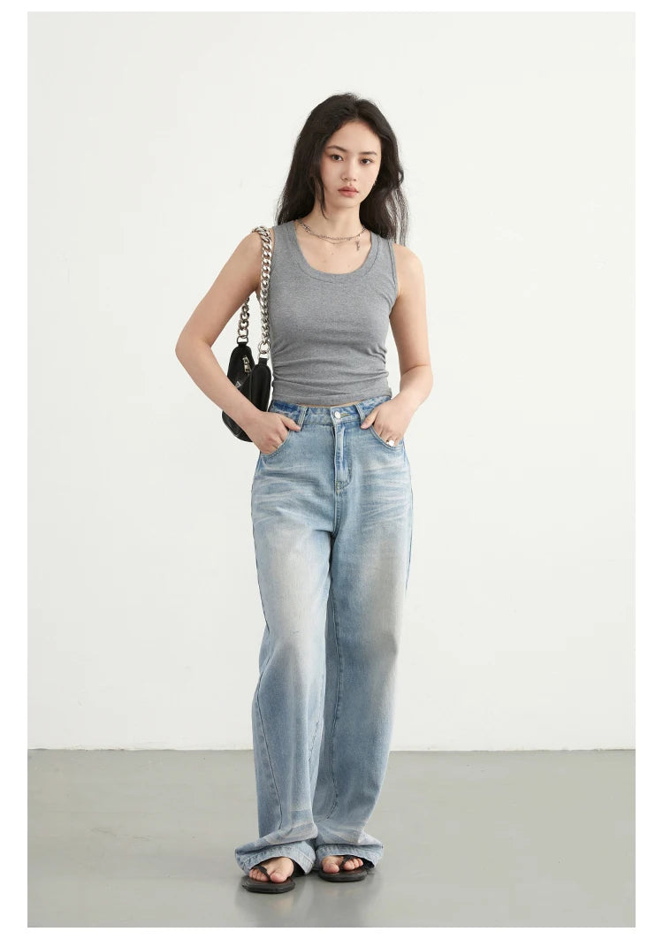 CHIC VEN Women Tanks New Solid Color Tees U-neck Pleated Vest Suspender Sleeveless Slim Female Top Spring Summer 2024