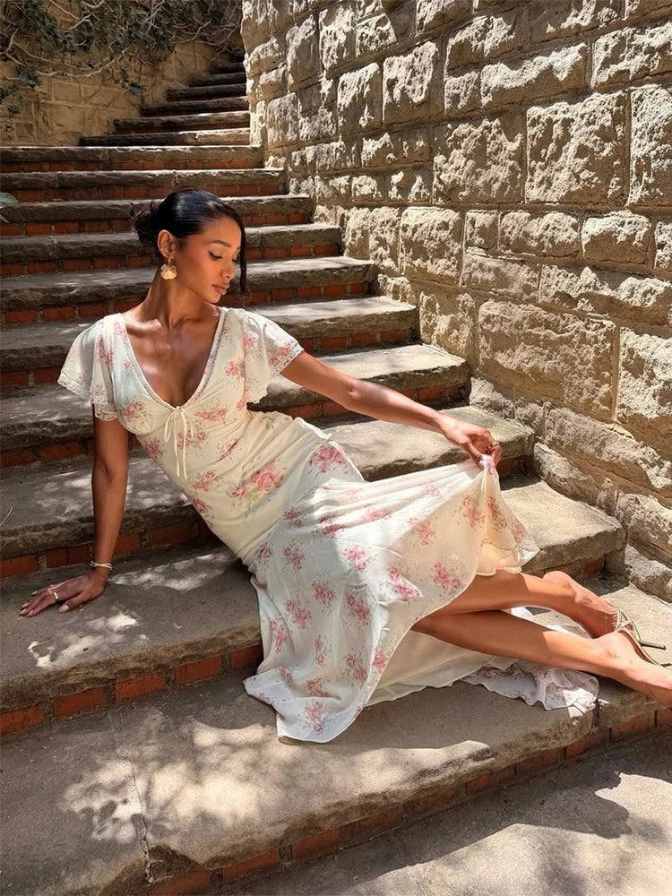 Women Elegant Printed Fishtail Dress Sexy V-neck Short Sleeve Waist-cinching Pleated Slim Maxi Dresses 2026 Lady Vacation Robe