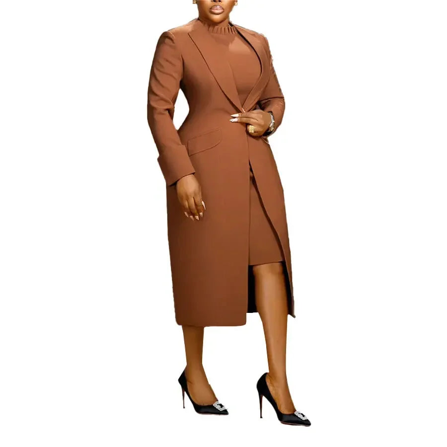 HLJ High Quality Elegant Office Lady Blazer Two Piece Sets Women Lapel Long Sleeve Coat And Slim Dress Outfit Female Clothing