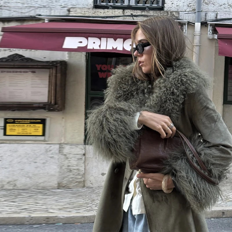 Vintage Patchwork Women's Faux Fur Trim Coat Urban Lapel Full Sleeve Female Jacket Female 2026 Autumn Winter Lady Streetwear New
