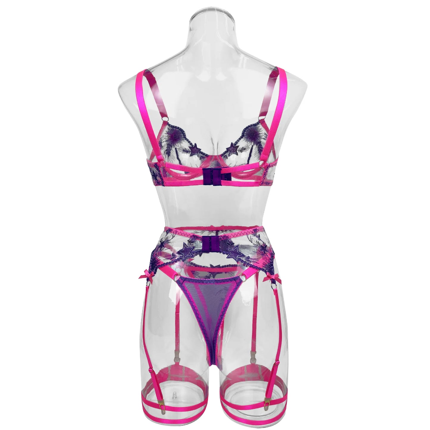 Women's Sexy Lingerie Set Pink Sheer Lace Underwear Set Floral Embroidery Garter Belt Fairy Outfit Sensual See-Through 3-Piece