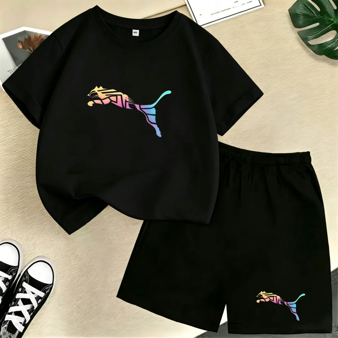 Kids Summer Casual Round Neck T-shirt Colorful Gradation Animals Boy Girl3-12Yrs Short-Sleeved+Shorts Fashion Sports Clothes Set