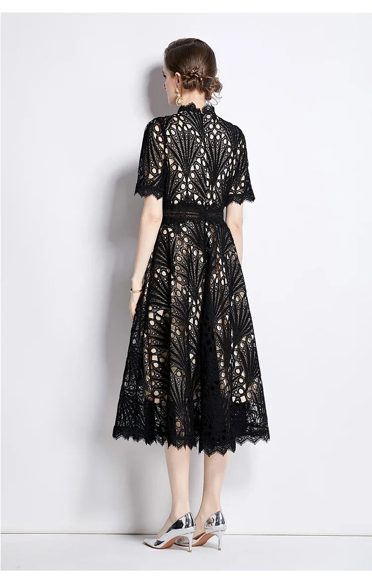 SMTHMA Vintage High-End O-Neck Short Sleeve Lace Hollow Out Dress For Women's Summer Slim Elegant Long Dress Female Clothing