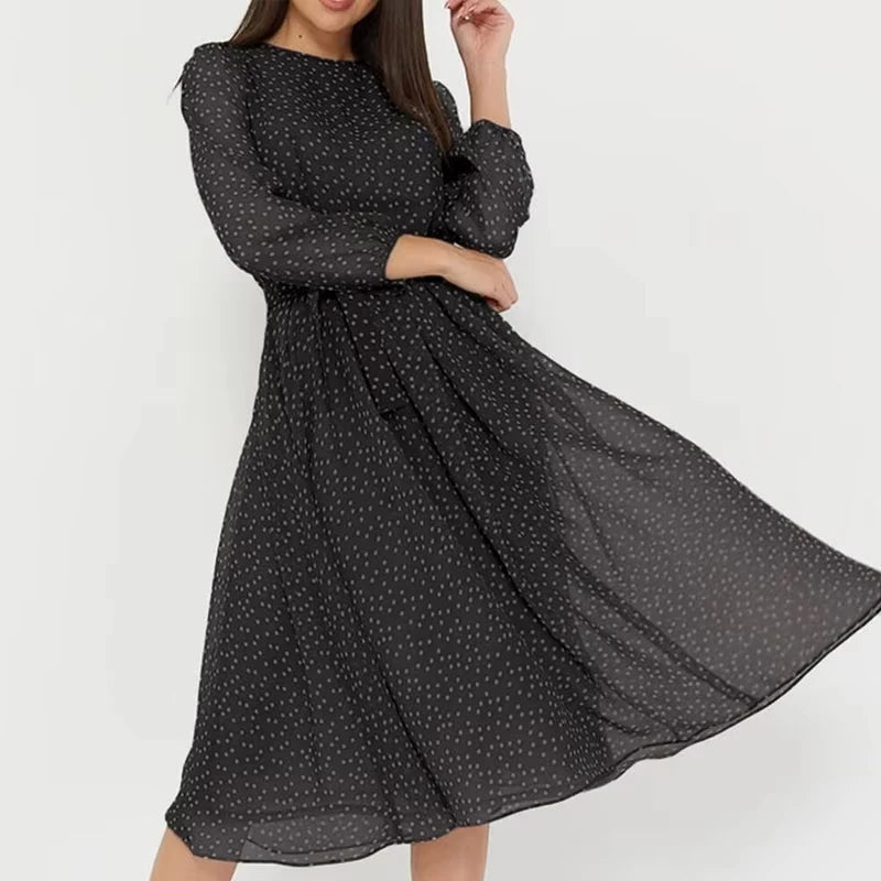 Spring and Summer Chiffon Dress Long Sleeved Solid Color Polka Dot Dress Elegant Lantern Sleeve Round Neck High Waisted Dresses