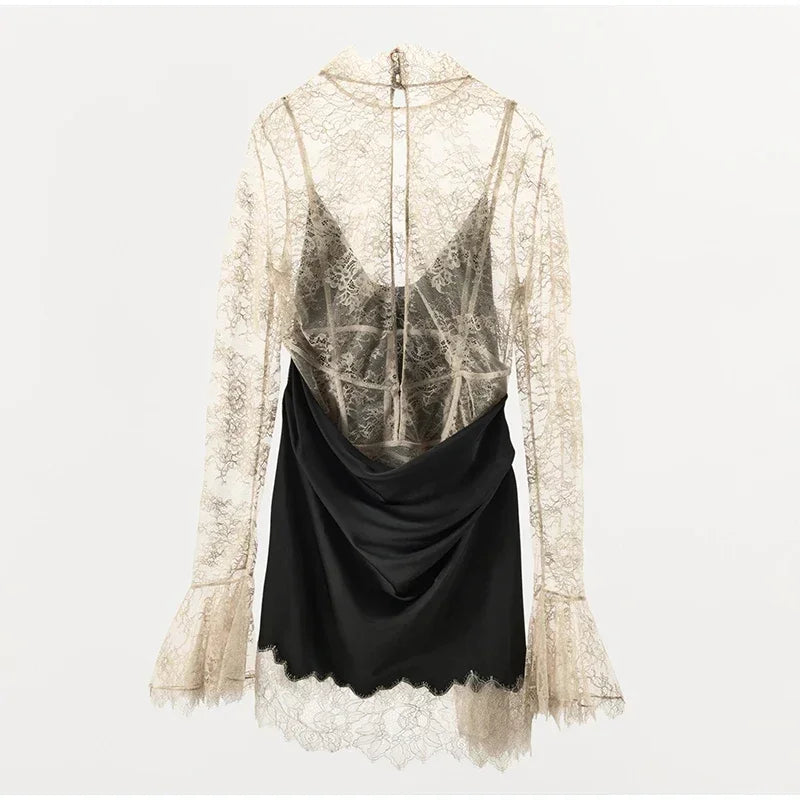 Women Lace Patchwork Sexy Mini Dress Elegant Full Flared Sleeve Waist Cinching See Through Short Dresses Lady Club Party Gowns