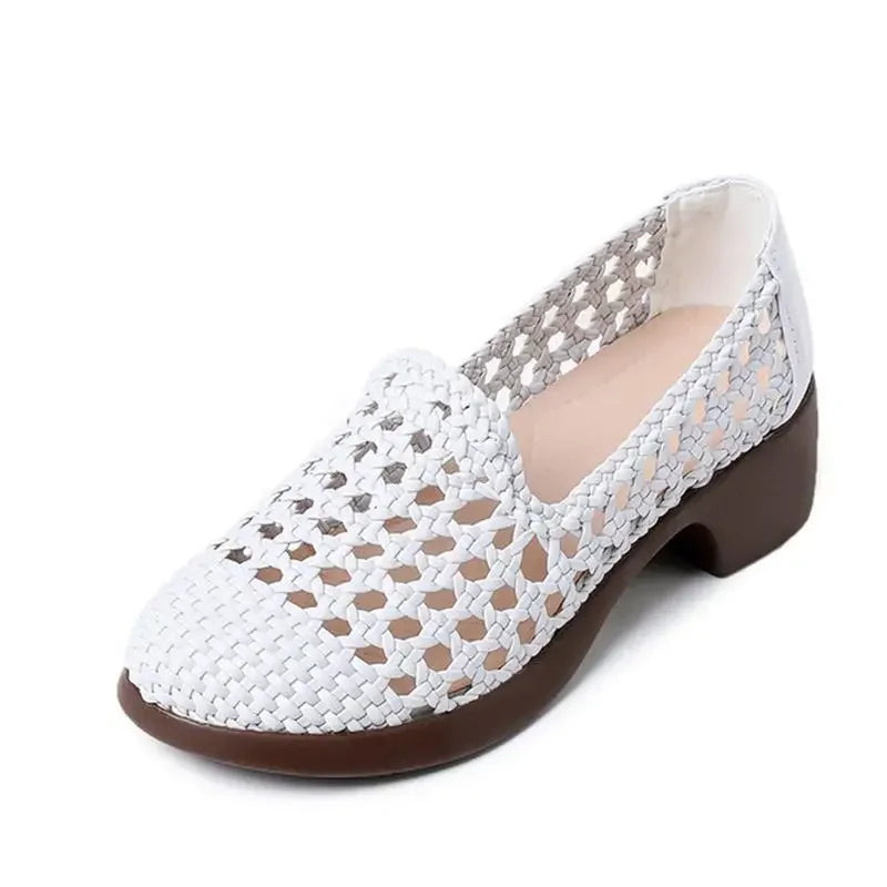 Summer Hollow Woven Breathable Shoes Women Sandals Big Size Thick Heels Genuine Leather Shoes Summer Casual Sandals