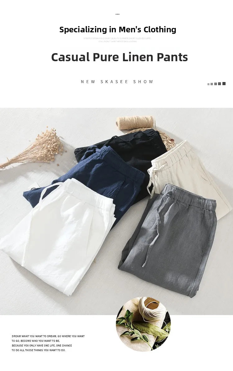 Summer Thin Cotton Linen Straight Leg Casual Pants Men's Loose Fit Drawstring Elastic Waist Nine Point Pants Breathable Youth...