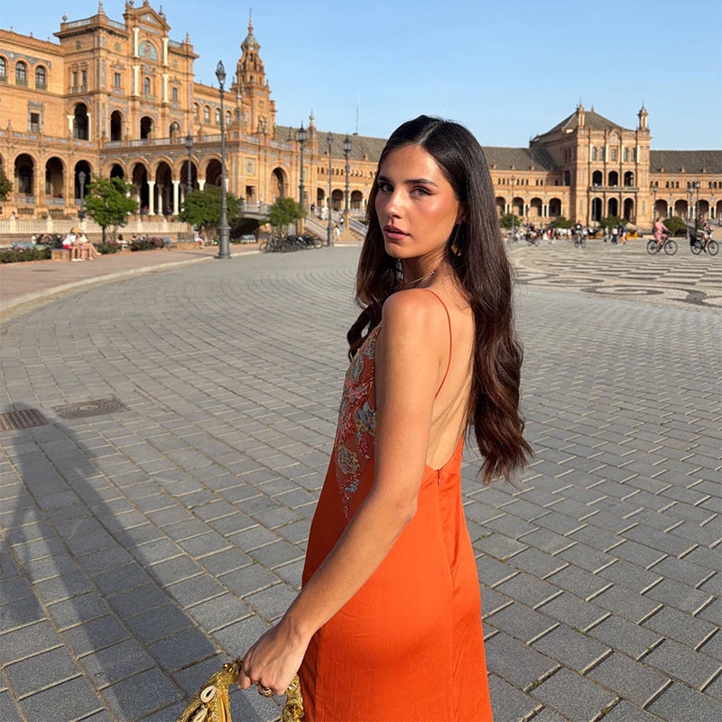 Sexy Women's Sequined Flower Long Orange Sling Dress Deep V Neck Sleeveless Backless Dresses 2026 Summer Holiday Party Robes New