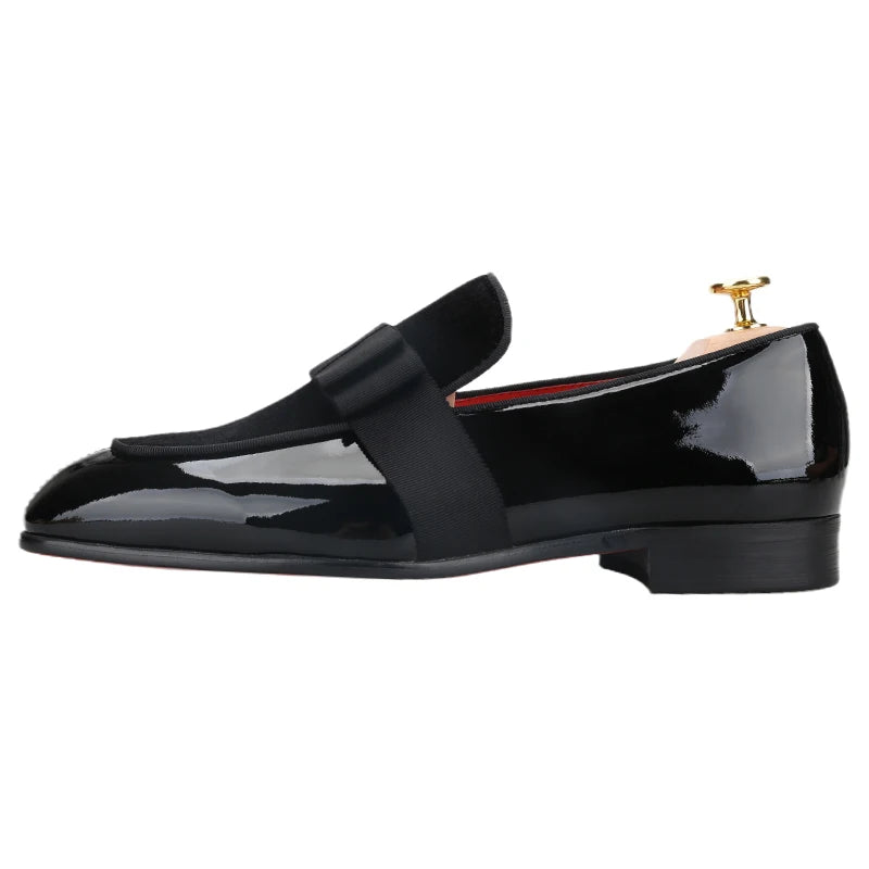 Black Patent Calfskin And Velvet Hand Stitching Men’s Dress Shoe With Grosgrain Ribbon Bow Adorns CL Brand Couture Loafer