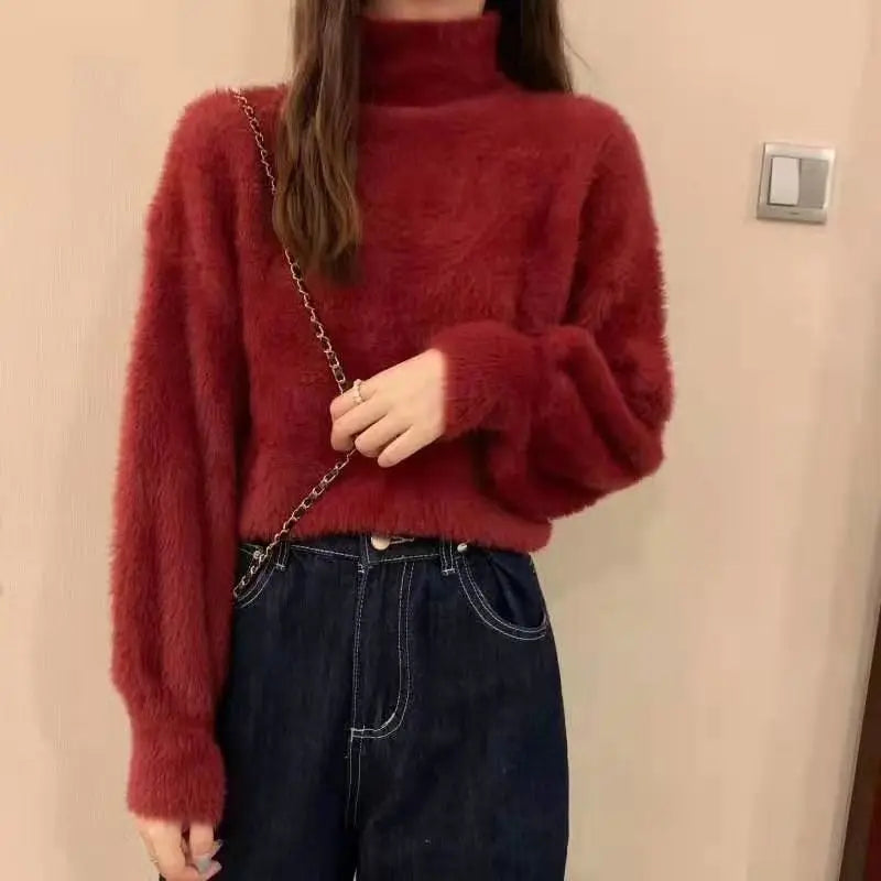 2026 Winter Imitate Mink Wool Hot Fleecing Female Turtleneck Elastic Casual Sweater Women Knitted Tops Pullovers Soft  Warm