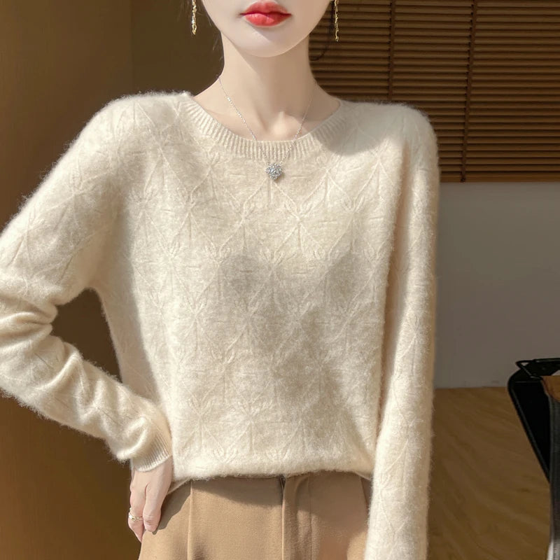 Women 100% Merino Wool Sweater Casual Hollow out Cashmere Blouse O-neck Pullover Tops Autumn Winter Warm Knit Woman Wool Sweater