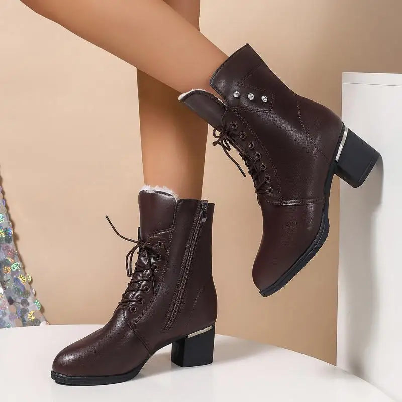 Winter 2024 Women's High Heels Long Plush Warm Ankle Boots Plus Size 42 Thick Square Heeled Motorcycle Boots Woman Shoes Short