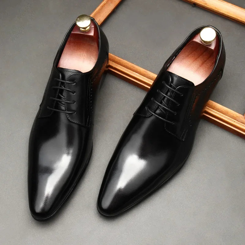 Leather shoes for men, lace up shoes for men, pointy, leather, high-end wedding, dress, Oxford, Lefu shoes, large, British style