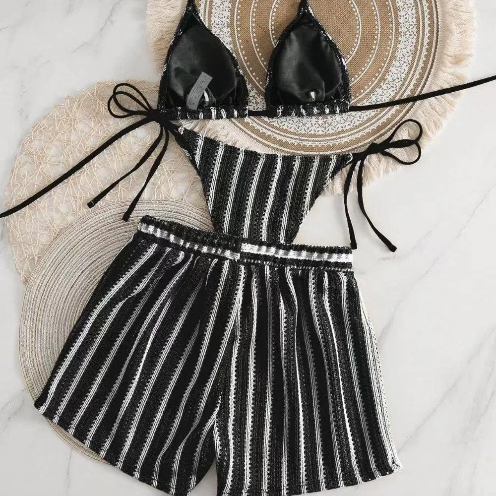 Fashion Stripes 3 in 1 Swimwear Set Lace Up Slim Fit Bikini Bathing Suit Deep-V Sleeveless Knitting Swimsuit Beach